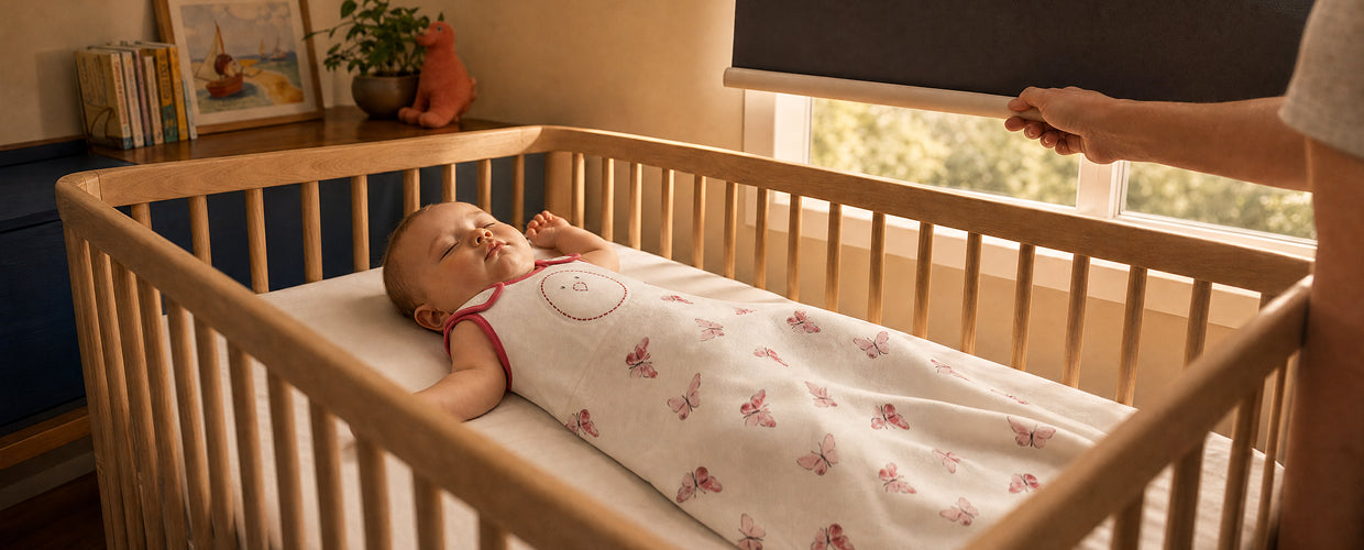 Parent lowering blackout shade over sleeping baby